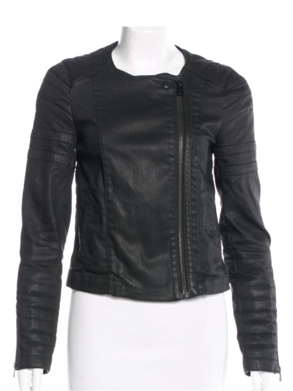 AllSaints Axelle Waxed Denim Biker Moto Jacket Women’s 8 Black READ